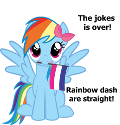 Size: 1093x1133 | Tagged: safe, derpibooru import, rainbow dash, pegasus, pony, background pony strikes again, blushing, bow, bowtie, cute, dashabetes, engrish, female, flag, grammar error, male, op is a cuck, op is trying to start shit, out of character, pride, pride month, simple background, solo, spread wings, straight, straight flag, wat, white background, why, wings, wtf