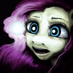 Size: 4096x4096 | Tagged: safe, artist:misstwipietwins, derpibooru import, fluttershy, pegasus, pony, absurd resolution, black background, bust, dark, female, glowing, looking at something, mare, nightmare fuel, open mouth, orb, portrait, simple background, solo, uncanny valley