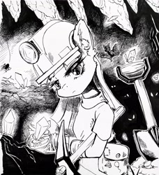 Size: 3456x3792 | Tagged: safe, artist:ph平和, derpibooru import, maud pie, bat, earth pony, original species, pony, spider, bag, bangs, bipedal, black and white, black and white cartoon, boots, cave, crystal, grayscale, grottoling, helmet, high res, lonely, miner, monochrome, pickaxe, saddle bag, shoes, shovel, solo, spade