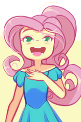 Size: 1020x1530 | Tagged: safe, artist:drantyno, derpibooru import, fluttershy, equestria girls, blushing, clothes, cute, dress, hand on chest, open mouth, simple background, smiling, solo, teeth, volumetric mouth, younger