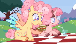 Size: 2865x1685 | Tagged: safe, artist:kurosawakuro, derpibooru import, oc, oc only, oc:dark chocolate strawberry, oc:sugar cookie (fluffyblakeboyo), pegasus, pony, unicorn, female, food, lying down, mare, picnic blanket, prone, sandwich