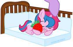 Size: 1100x719 | Tagged: safe, artist:jennieoo, derpibooru import, twilight sparkle, oc, oc:star sparkle, pony, unicorn, baby, baby pony, cute, female, filly, foal, food, patreon gift, plushie, show accurate, simple background, sleeping, strawberry, transparent background, vector