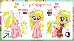 Size: 1191x671 | Tagged: safe, artist:jennieoo, derpibooru import, oc, oc only, oc:lily sapphire, pegasus, pony, bow, braid, braided tail, clothes, colored wings, female, freckles, front view, hair bow, hoodie, hooves, mare, pegasus oc, reference sheet, show accurate, smiling, solo, spread wings, standing, tail, tail bow, three quarter view, two toned mane, two toned tail, unshorn fetlocks, wings