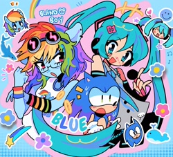 Size: 2048x1862 | Tagged: safe, artist:bland__boy, derpibooru import, rainbow dash, anthro, human, pegasus, anime, blue background, clothes, confused, crossover, female, glasses, goggles, hatsune miku, male, mare, simple background, sonic the hedgehog, sonic the hedgehog (series), surprised, vocaloid