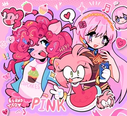 Size: 2048x1874 | Tagged: safe, artist:bland__boy, derpibooru import, pinkie pie, anthro, earth pony, human, amy rose, clothes, crossover, dress, female, mare, megurine luka, pink background, pink hair, selfie, simple background, sonic the hedgehog (series), taking a photo, vocaloid