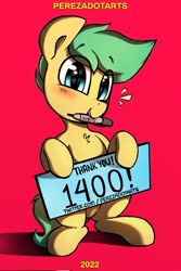 Size: 1365x2048 | Tagged: safe, artist:perezadotarts, derpibooru import, oc, oc only, oc:pen sketchy, earth pony, pony, blushing, colored, cute, digital art, drawing, earth pony oc, holding, looking at you, male, meta, milestone, mouth hold, red background, sharpie, sign, simple background, sitting, smiling, smiling at you, solo, text, twitter