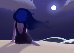 Size: 1800x1300 | Tagged: safe, artist:storyteller, derpibooru import, princess luna, human, barefoot, beach, clothes, dress, feet, humanized, moon, sand, sitting, sky