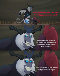 Size: 2000x2516 | Tagged: safe, derpibooru import, edit, edited screencap, screencap, storm king, tempest shadow, pony, unicorn, yeti, my little pony: the movie, amphibia, antagonist, armor, balcony, betrayal, betrayed, broken horn, caption, claws, comic, crown, evil grin, fangs, female, grin, horn, horns, jewelry, king andrias, marcy wu, mare, raised eyebrow, raised leg, reference, regalia, sadism, screencap comic, smiling, staff, staff of sacanas, storm king's emblem, tail, text, wind, you monster