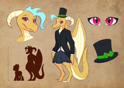 Size: 4096x2896 | Tagged: safe, artist:artharuhi, derpibooru import, oc, oc only, oc:tourmaline the dragoness, dragon, dragon oc, elegant, hat, reference sheet, simple background, size chart, size comparison, top hat