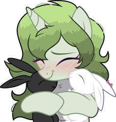 Size: 1481x1565 | Tagged: safe, artist:kurosawakuro, derpibooru import, oc, oc only, oc:matcha greens, pony, rabbit, unicorn, animal, base used, female, hug, mare, simple background, solo, transparent background