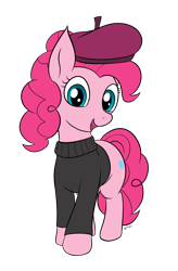 Size: 1846x2819 | Tagged: safe, artist:wapamario63, pinkie pie, earth pony, pony, beret, clothes, cute, female, flat colors, hat, looking at you, mare, open mouth, open smile, simple background, smiling, smiling at you, solo, sweater, transparent background, turtleneck