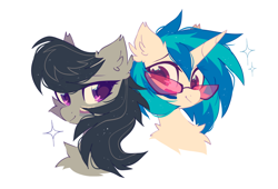 Size: 1224x832 | Tagged: safe, artist:mirtash, derpibooru import, dj pon-3, octavia melody, vinyl scratch, earth pony, pony, unicorn, asexual pride flag, bisexual pride flag, chest fluff, cute, duo, ear fluff, ears, face paint, female, lesbian, mare, pride, pride flag, pride month, scratchtavia, shipping, simple background, tavibetes, vinyl's glasses, vinylbetes, white background