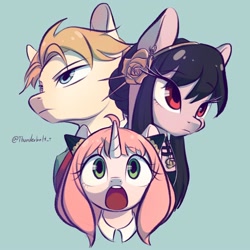 Size: 1000x1000 | Tagged: safe, artist:thunderbolt_t, derpibooru import, earth pony, pony, unicorn, anime, anya forger, female, loid forger, male, mare, open mouth, ponified, spy x family, stallion, trio, yor forger