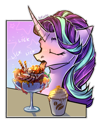 Size: 1680x2094 | Tagged: safe, artist:intfighter, derpibooru import, starlight glimmer, pony, unicorn, cheek fluff, coffee, commission, curved horn, cute, ears, eyes closed, female, floppy ears, food, glimmerbetes, horn, ice cream, licking, mare, onomatopoeia, solo, sound effects, sundae, tongue, tongue out, ych result