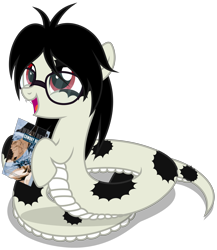 Size: 3320x3820 | Tagged: safe, alternate version, artist:strategypony, derpibooru import, oc, oc only, oc:cuppa noodle, lamia, original species, snake, snake pony, book, cowboy bebop, cute, daaaaaaaaaaaw, female, filly, foal, glasses, happy, hoof hold, manga, messy mane, mottled coat, neet, nerd, ocbetes, open mouth, simple background, transparent background, younger