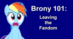 Size: 525x286 | Tagged: safe, derpibooru import, rainbow dash, pegasus, pony, 101, blue background, female, frown, leaving the fandom, mare, multicolored hair, open mouth, rainbow hair, shocked, simple background, text, title card, user meltdown in the comments, youtube link