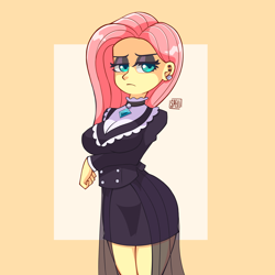 Size: 3000x3000 | Tagged: safe, artist:spellart, derpibooru import, fluttershy, equestria girls, arm under breasts, breasts, clothes, dress, eyeshadow, female, fluttergoth, frown, goth, hootershy, looking at you, makeup, solo