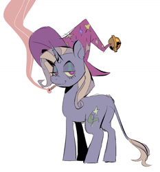 Size: 1194x1281 | Tagged: safe, alternate version, artist:chunkysoup22, derpibooru import, trixie, pony, unicorn, butt, clothes, drugs, female, hat, joint, leonine tail, lidded eyes, looking at you, looking back, looking back at you, mare, marijuana, plot, simple background, smiling, smoking, solo, tail, trixie's hat, white background