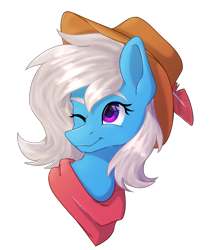 Size: 1869x2220 | Tagged: safe, artist:lambydwight, derpibooru import, oc, oc:quiver, pony, bust, clothes, hat, one eye closed, portrait, scarf, simple background, transparent background, wink