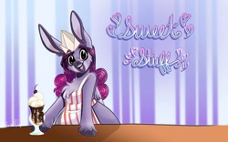 Size: 2048x1280 | Tagged: safe, artist:unfinishedheckery, derpibooru import, oc, oc only, oc:opium belladonna, donkey, hybrid, pegasus, pony, apron, big ears, clothes, digital art, ears, female, ice cream soda, looking at you, mare, open mouth, solo, tail, wings