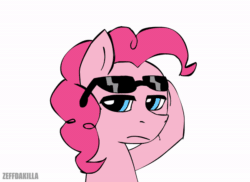 Size: 600x437 | Tagged: safe, artist:zeffdakilla, derpibooru import, pinkie pie, earth pony, animated, awesome, cool, gif, simple background, smiling, smirk, solo, sunglasses, swag, white background