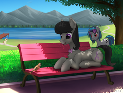 Size: 3000x2250 | Tagged: safe, artist:dash wang, derpibooru import, dj pon-3, octavia melody, vinyl scratch, oc, oc:cream brun, bird, earth pony, unicorn, bench, bush, dappled sunlight, day, daytime, lake, mountain, mountain range, pier, sitting, smiling, tree