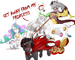 Size: 2000x1600 | Tagged: artist needed, source needed, safe, derpibooru import, discord, king sombra, princess celestia, oc, oc:light knight, alicorn, draconequus, original species, pegasus, armor, armpits, candy, crown, flower, food, guard, hearts and hooves day, jewelry, knight, lightestia, meme, mop, ouch, punch, regalia, simple background, text, textless, umbra pony, white background