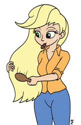 Size: 1300x2000 | Tagged: safe, artist:mkogwheel, derpibooru import, applejack, human, brush, brushing, female, hair tie, hairbrush, humanized, loose hair, mouth hold, simple background, solo, white background