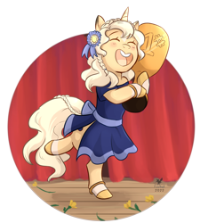 Size: 1280x1423 | Tagged: safe, artist:foxhatart, derpibooru import, oc, oc:gold dust, unicorn, clothes, dress, female, mare, solo, trophy