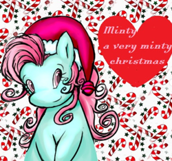 Size: 592x554 | Tagged: safe, artist:xxitachiuchihaloverxx, derpibooru import, minty, a very minty christmas, chibi, christmas, female, halfbody, hat, holiday, looking at you, santa hat, smiling, text, tiled background