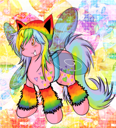 Size: 614x677 | Tagged: safe, artist:xxitachiuchihaloverxx, derpibooru import, oc, oc:metal petal, butterfly wings, clothes, colorful, happy, hat, heart, leg warmers, looking offscreen, multicolored hair, rainbow, simple background, smiling, solo, sparkles, standing, wings