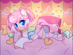 Size: 2160x1620 | Tagged: safe, artist:fenix-artist, derpibooru import, oc, oc only, earth pony, pony, bow, clothes, coat markings, commission, curly hair, curly mane, cute, ear fluff, ears, earth pony oc, female, freckles, gold, heart, heart pillow, jewelry, lying down, mare, multicolored hair, necklace, pillow, prone, rainbow hair, smiling, socks, socks (coat marking), solo, stars, striped socks, unshorn fetlocks, ych result