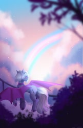 Size: 1296x2000 | Tagged: safe, artist:muna_munaaa_, derpibooru import, oc, oc only, bat pony, pony, bat pony oc, bush, chains, choker, cloud, ear piercing, earring, female, jewelry, mare, piercing, pride, pride flag, rainbow, solo, spread wings, trans female, transgender, transgender pride flag, tree, wings