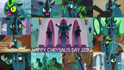 Size: 1280x721 | Tagged: safe, derpibooru import, edit, edited screencap, editor:quoterific, screencap, cozy glow, queen chrysalis, changeling, pegasus, pony, a canterlot wedding, frenemies (episode), season 2, season 5, season 6, season 8, season 9, the beginning of the end, the cutie re-mark, the ending of the end, the mean 6, to where and back again, spoiler:s08, spoiler:s09, chrysalis day, cupcake, female, filly, flying, foal, food, grin, male, open mouth, open smile, smiling, spread wings, text, ultimate chrysalis, wings