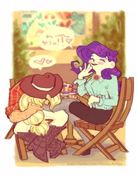 Size: 2200x2800 | Tagged: safe, artist:liustranapolu, derpibooru import, applejack, rarity, human, blushing, boots, brooch, cafe, chair, clothes, conversation, cowboy boots, cowboy hat, duo, duo female, female, flirting, food, hat, humanized, jewelry, lesbian, pants, plaid shirt, rarijack, shipping, shirt, shoes, sitting, table