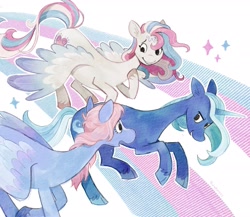 Size: 2048x1778 | Tagged: safe, artist:lutraviolet, derpibooru import, star catcher, trixie, wind whistler, pegasus, pony, unicorn, colored wings, facial markings, female, mare, pride, pride flag, rainbow, trans female, trans trixie, transgender, transgender pride flag, trio, trio female, unshorn fetlocks, wings