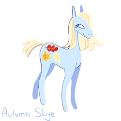 Size: 640x640 | Tagged: safe, artist:skyefal, derpibooru import, autumn skye, earth pony, pony, g3, autumn, blonde, blonde hair, blue coat, blue eyes, leaves, short tail, simple background, solo, tail, tall, white background