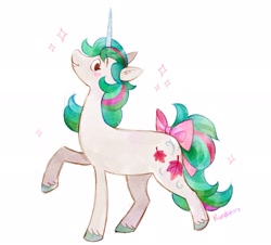 Size: 2048x1850 | Tagged: safe, artist:lutraviolet, derpibooru import, gusty, pony, unicorn, g1, alternate cutie mark, alternate design, blushing, bow, female, mare, profile, raised hoof, raised leg, side view, simple background, solo, sparkles, tail, tail bow, unshorn fetlocks, white background