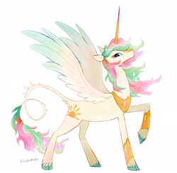 Size: 2048x1995 | Tagged: safe, artist:lutraviolet, derpibooru import, princess celestia, alicorn, pony, alternate cutie mark, alternate design, chanfron, cloven hooves, colored wings, ethereal mane, female, greaves, helmet, leonine tail, mare, peytral, profile, raised hoof, raised leg, side view, simple background, solo, starry mane, starry tail, tail, unshorn fetlocks, white background, wings