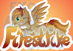 Size: 1024x716 | Tagged: safe, artist:exobass, derpibooru import, oc, oc:firestrike, pegasus, alcohol, badge, beer, commission, conbadge, fire, pegasus oc, solo