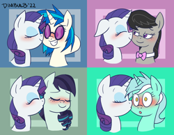 Size: 1800x1400 | Tagged: safe, artist:dimbulb, derpibooru import, coloratura, dj pon-3, lyra heartstrings, octavia melody, rarity, vinyl scratch, earth pony, pony, unicorn, blushing, female, kiss on the cheek, kissing, lesbian, lyraty, mare, rarararara, rariscratch, raritavia, shipping