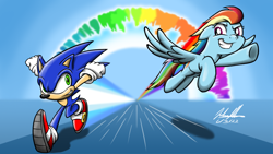 Size: 1280x720 | Tagged: safe, artist:soulsliver249, derpibooru import, rainbow dash, anthro, hedgehog, pegasus, pony, clothes, crossover, duo, female, flying, looking at each other, looking at someone, male, mare, rainbow trail, running, shoes, sonic rainboom, sonic the hedgehog, sonic the hedgehog (series)