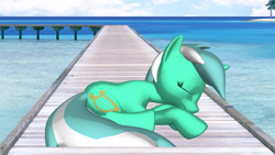 Size: 1366x768 | Tagged: safe, derpibooru import, lyra heartstrings, pony, unicorn, 3d, bridge, day, daytime, female, ocean, palm tree, pier, sleeping, solo, tree, water