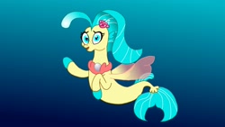 Size: 3264x1836 | Tagged: safe, derpibooru import, princess skystar, seapony (g4), my little pony: the movie, blue background, female, fins, gradient background, ocean, simple background, smiling, solo, underwater, water, waving at you