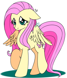 Size: 1280x1494 | Tagged: safe, artist:lilobiskuit, derpibooru import, fluttershy, pegasus, pony, ears, female, floppy ears, mare, nervous, partially open wings, raised hoof, raised leg, shy, simple background, solo, standing, sweat, sweatdrop, three quarter view, white background, wings