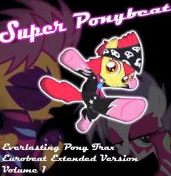 Size: 370x380 | Tagged: safe, derpibooru import, apple bloom, scootaloo, sweetie belle, earth pony, pegasus, pony, unicorn, clothes, cover art, cutie mark crusaders, eyes closed, face paint, female, filly, foal, mare, show stopper outfits, smiling, super ponybeat, text, youtube link
