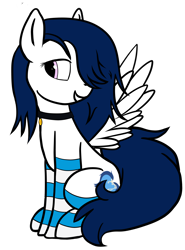 Size: 5000x6772 | Tagged: safe, artist:littlenaughtypony, artist:sassysvczka, derpibooru import, oc, oc:sassysvczka, pegasus, pony, ashamed, clothes, collar, female, hair over one eye, mane, mare, pegasus oc, pet tag, simple background, sitting, smiling, socks, spread wings, stockings, striped socks, tail, teeth, thigh highs, transparent background, wings