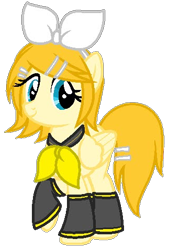 Size: 323x478 | Tagged: safe, derpibooru import, pegasus, pony, bow, clothes, female, hair bow, kagamine rin, mare, ponified, simple background, smiling, transparent background, vocaloid, wings