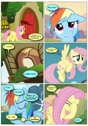 Size: 868x1230 | Tagged: safe, artist:dziadek1990, derpibooru import, edit, edited screencap, screencap, fluttershy, rainbow dash, pegasus, pony, swarm of the century, comic, conversation, dialogue, facehoof, female, fluttershy's cottage, flying, mare, screencap comic, text, window, wings