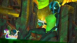 Size: 3840x2160 | Tagged: safe, artist:silkworm205, derpibooru exclusive, derpibooru import, queen chrysalis, anthro, changeling, changeling queen, 3d, baby changeling, bedroom eyes, cave, cave pool, chrysalis day, clothes, cocoon, crystal, cute, cuteling, female, floatie, grub, looking at you, milf, mother, mother and child, panties, parent and child, revamped anthros, source filmmaker, sunglasses, tanktop, underwear, water